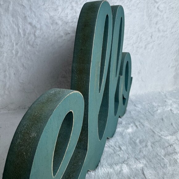 Wooden "Hello" Sign Teal Distressed Finish Wall Decor Chunky Country Rustic - Picture 3 of 7